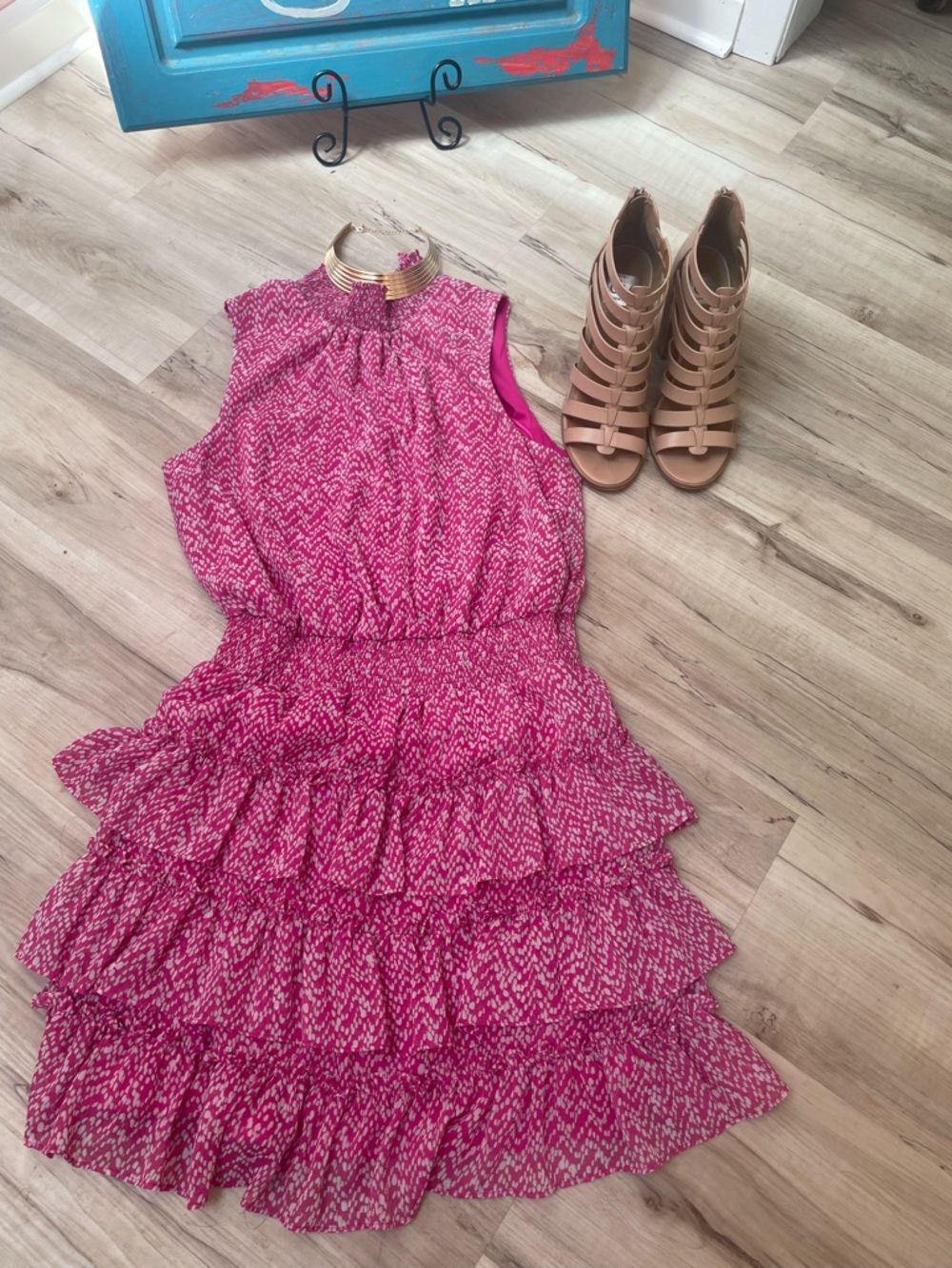 MSK Pink Patterned Tiered Sleeveless Mini Dress